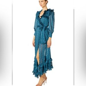 Misa Los Angeles Gabriella Asymmetric Striped Wrap Midi-Dress sheer long sleeve